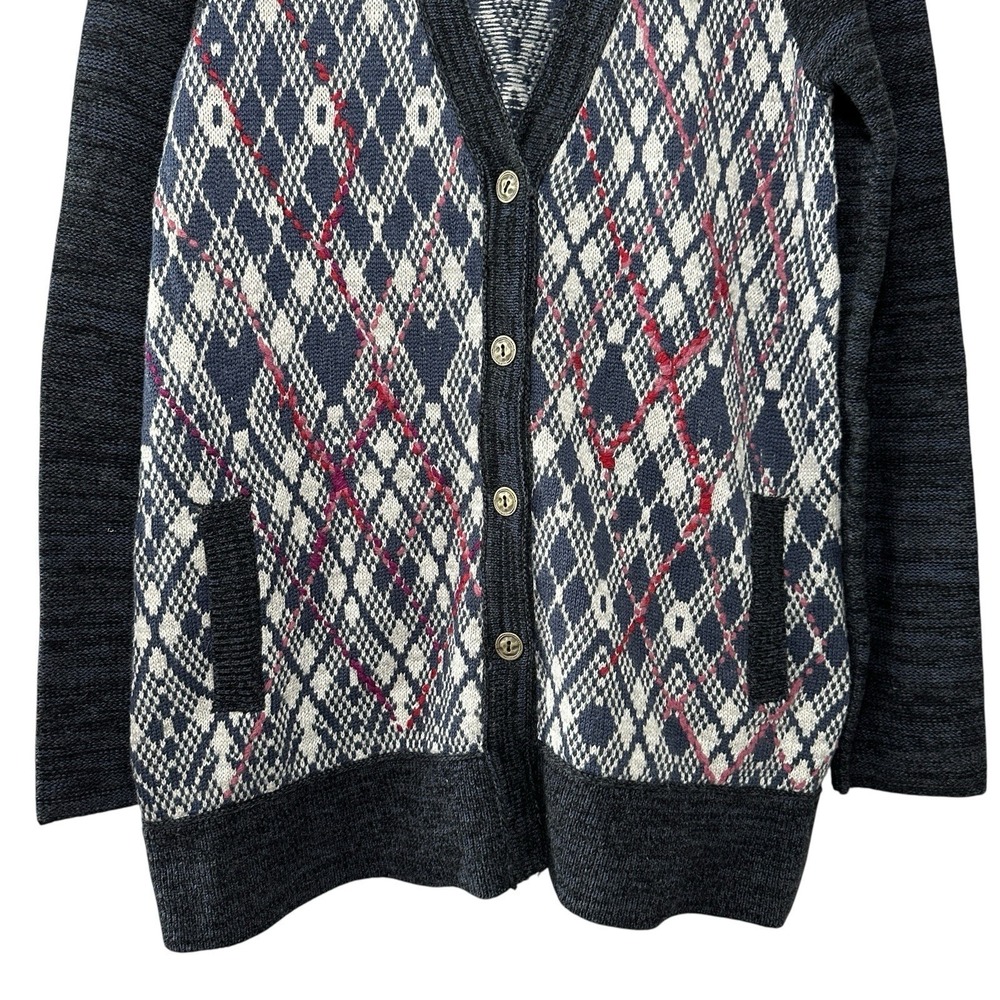 Free People Foxtrot Argyle Knit Cardigan Sweater Women's L Wool Blend‎ Preppy - Picture 12 of 14